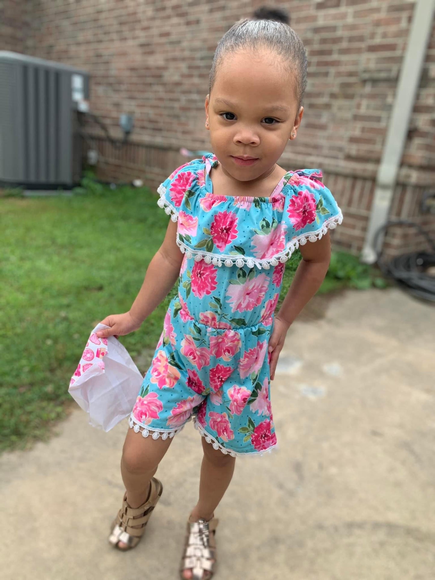 Blue Floral Ruffle Romper