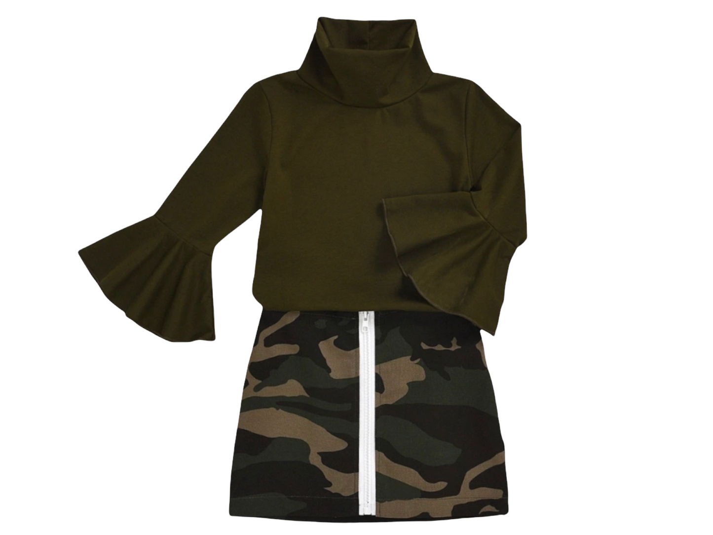 Hunter Green Bell Sleeve Top & Camouflage Skirt