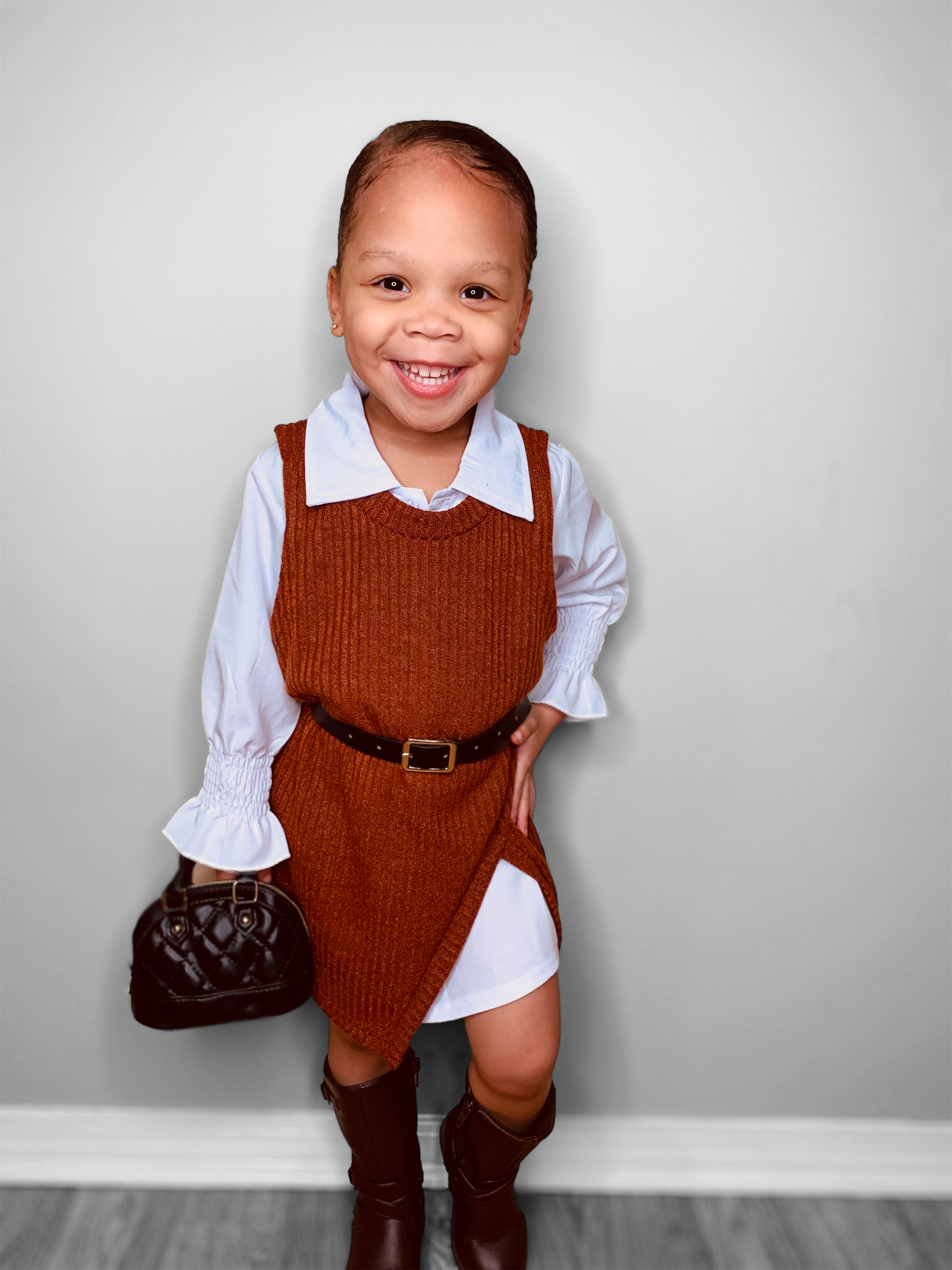 White Long Sleeve Shirt Dress with Split Hem Vest and Belt