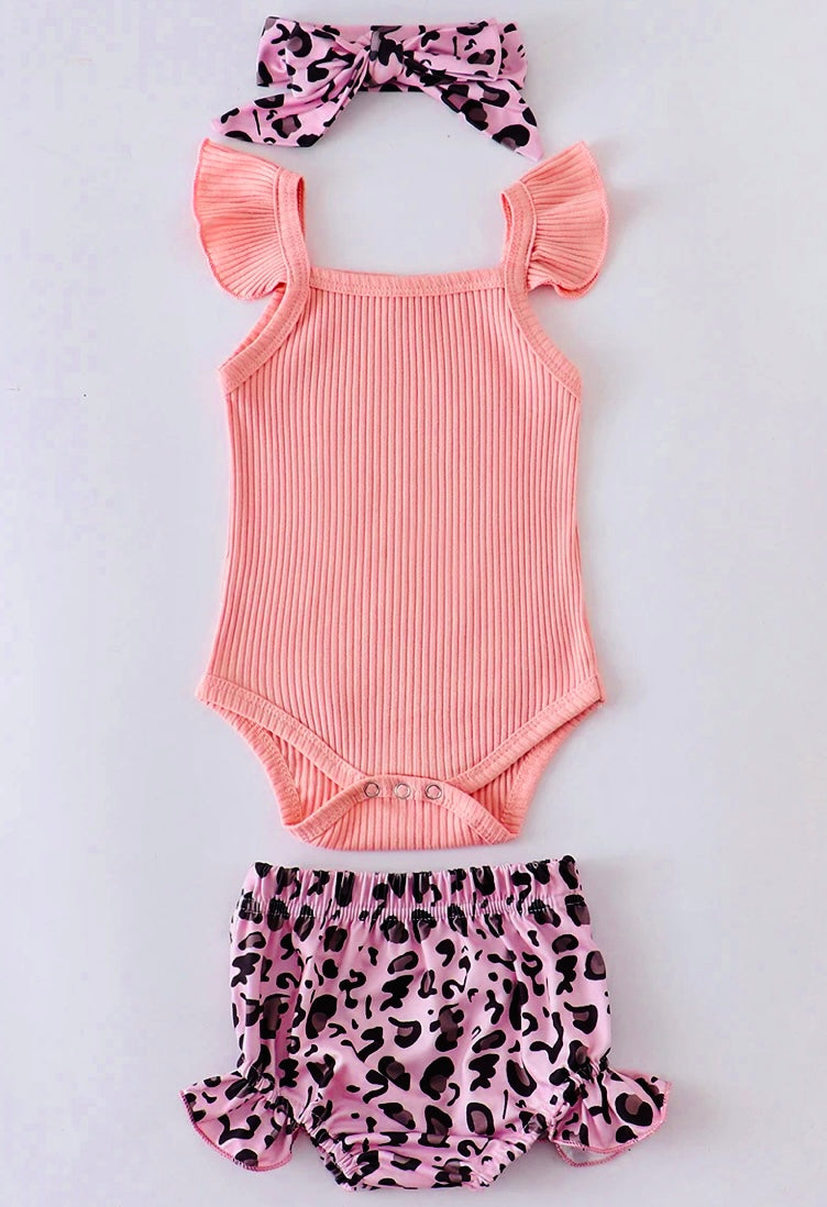 Pink Flutter Sleeve Romper and Leopard Shorts