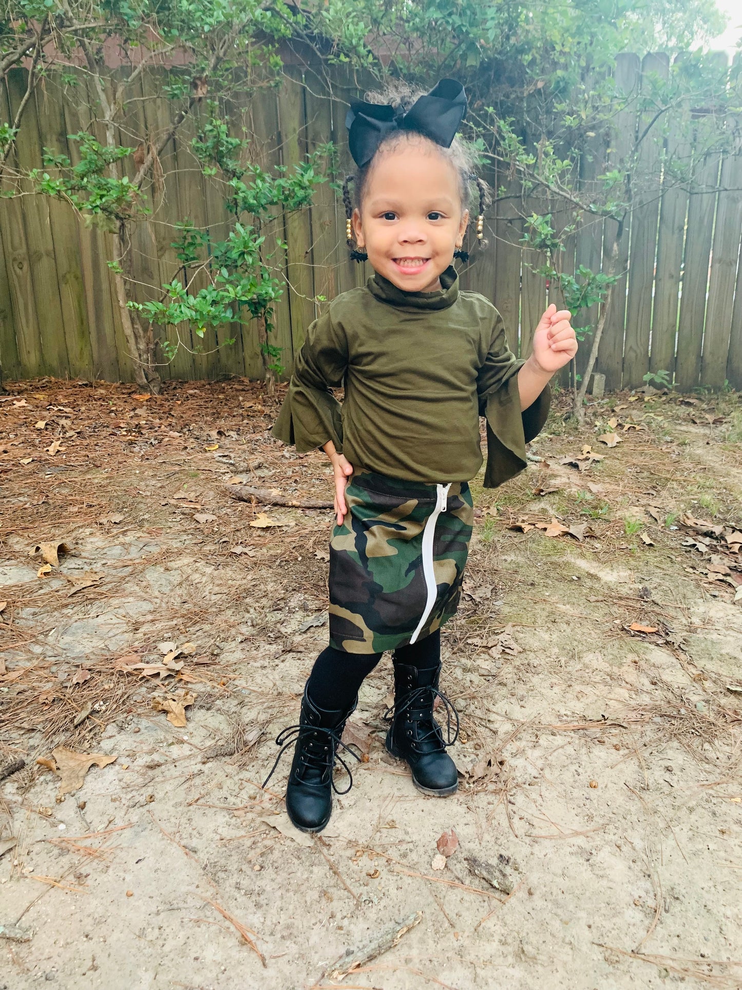 Hunter Green Bell Sleeve Top & Camouflage Skirt