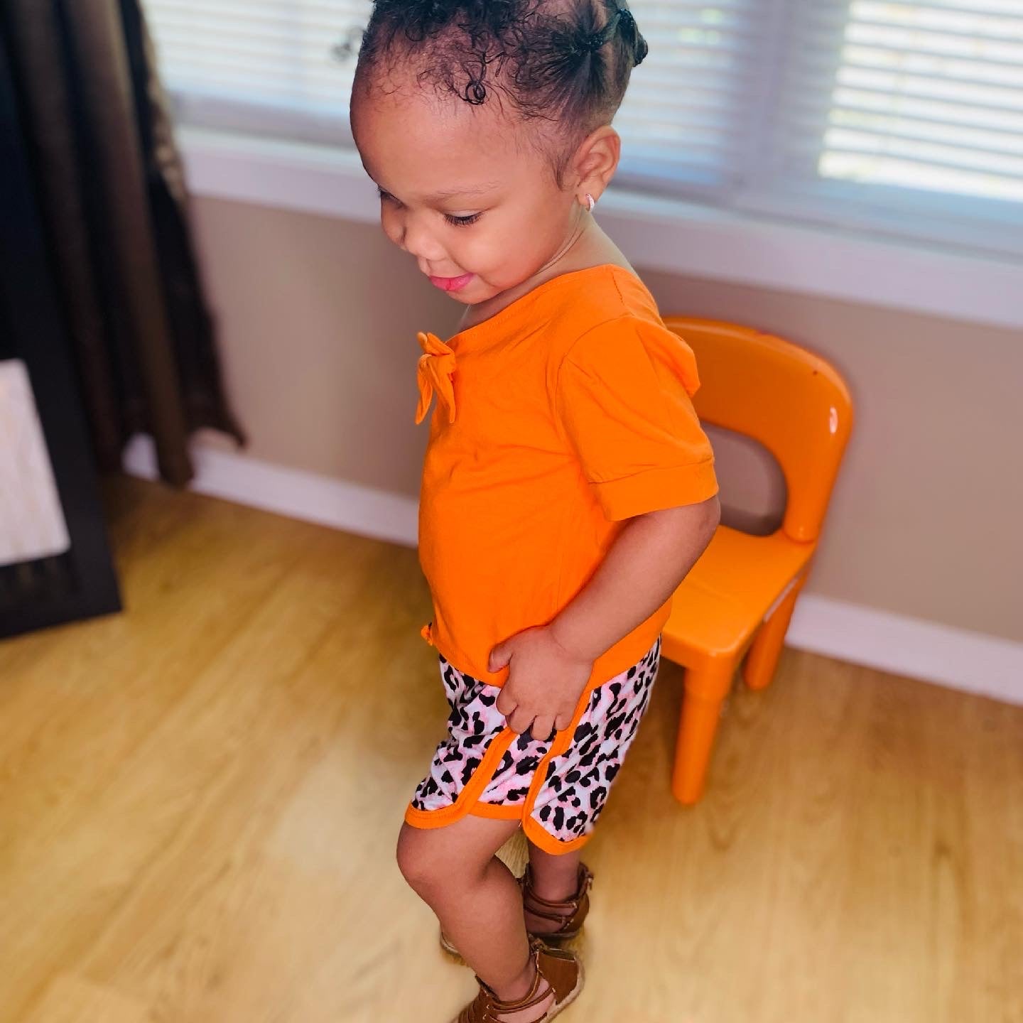 Orange One Shoulder Top and Leopard Shorts