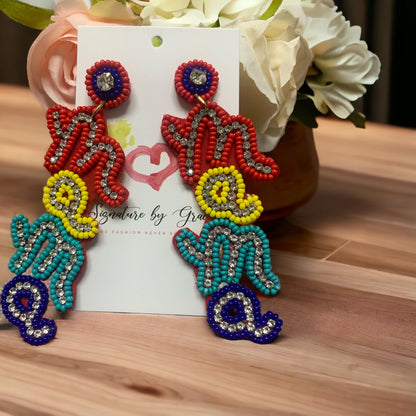 MAMA Cursive Drop Beaded Rhinestone Earrings (LIMITED EDITION)