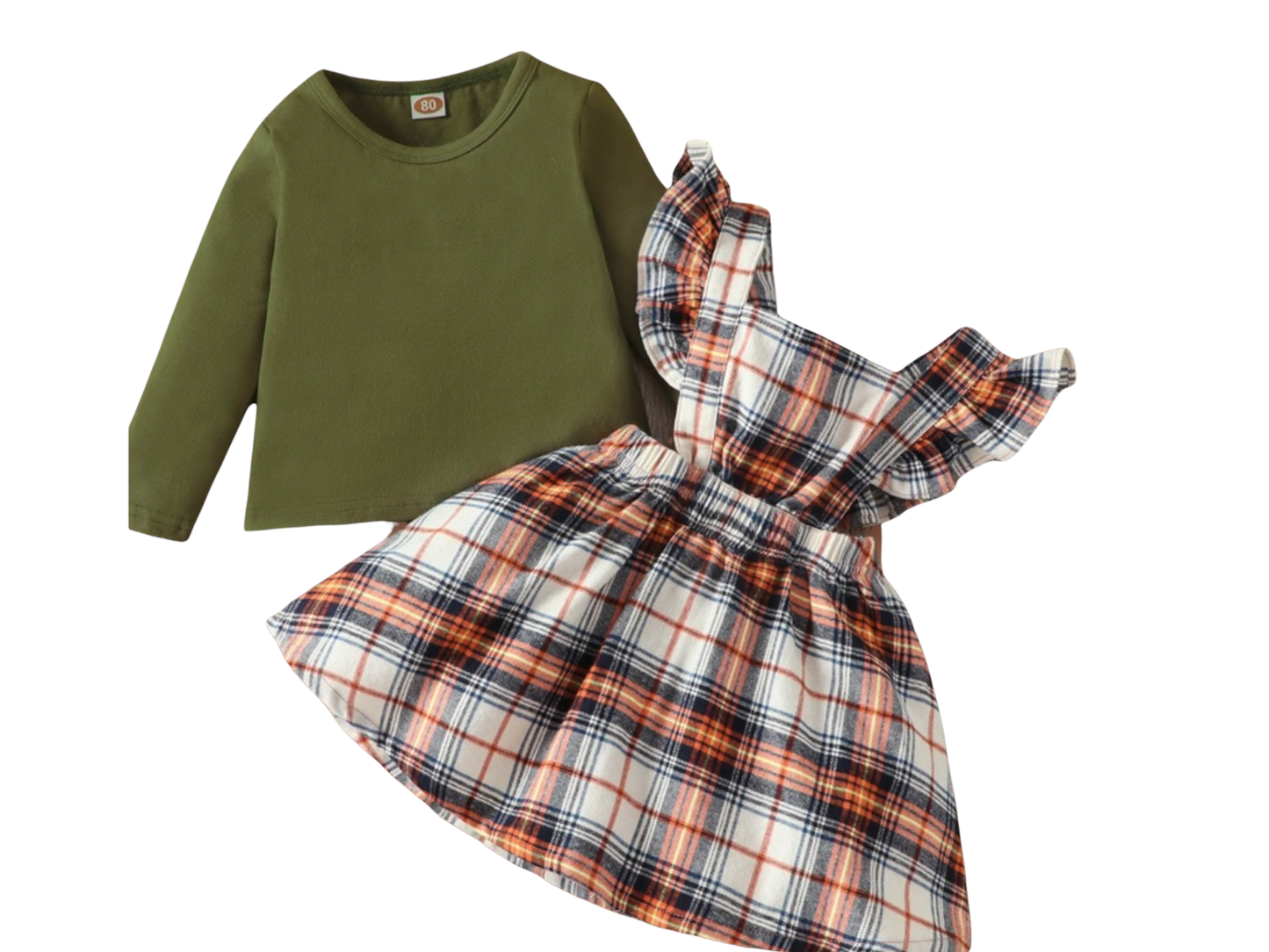 Hunter Green Long Sleeve Top & Plaid Suspenders Skirt